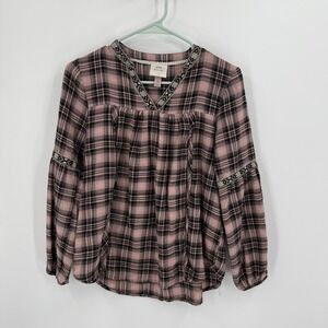 Knox Rose XS Western Plaid‎ Embroidered Long Sleeve Peasant Blouse Top